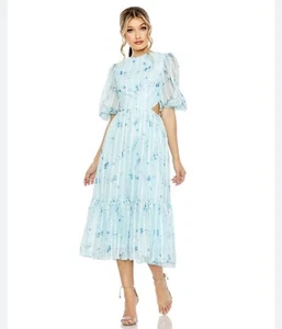 Mac Duggal Kleid Größe 10 neu mit Etikett blau Chiffon Blumen Prärie Puffärmel hinten geschnürt - Bild 1 von 15