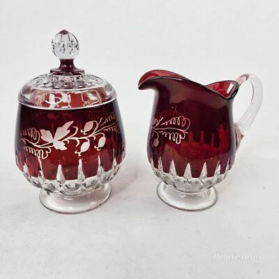 Vintage Ruby Stained Creamer & Sugar Bowl w/ Lid - Image 1 of 3