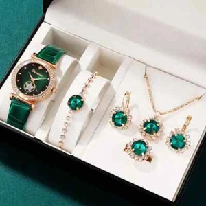 Juego de regalo de reloj para mujer 6 piezas plata cristal pulsera pendientes collar anillo - Imagen 1 de 22
