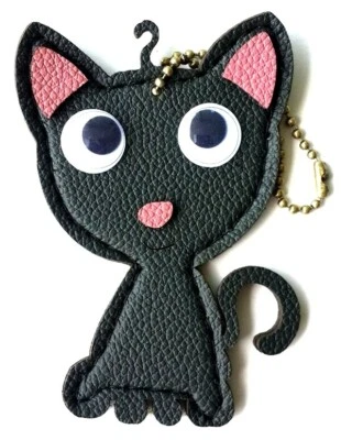 1 New Cute  Black with pink ears cartoon cat key chain Key ring Handmade Leather - Image 1 of 4