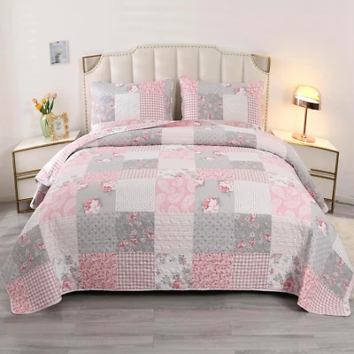 Conjunto de colcha de retalhos xadrez rosa tamanho queen floral reversível acolchoado colcha - Imagem 1 de 4