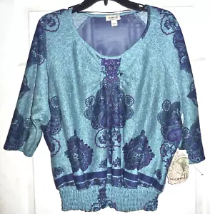 NWT $68 ONE WORLD - EMBELLISHED BLUE-PRINT BLOUSON KNIT TOP - MISSES S - Picture 1 of 2
