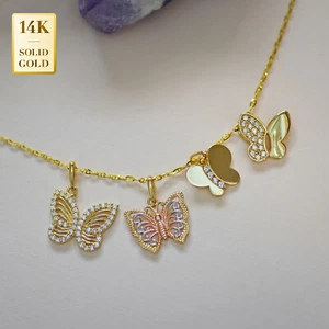 Dije colgante mariposa de oro macizo de 14K REAL triple para cadenas joyería mínima - Imagen 1 de 6