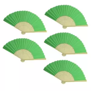 5pcs Green Paper Fans Lot of 5 Five Folding Hand Fan Pocket Purse Wedding Bamboo - Picture 1 of 2