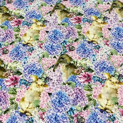 Hydrangea Bunny Floral Rabbit Pink Blue Novelty Sewing Cotton Fabric 1/2 Yard  - Image 1 of 3