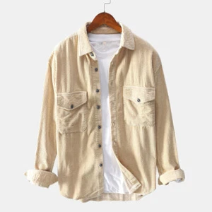 Fashion Mens Corduroy Long Sleeve Shirt Lapel Casual Loose Solid Top Jacket Coat - Picture 1 of 9