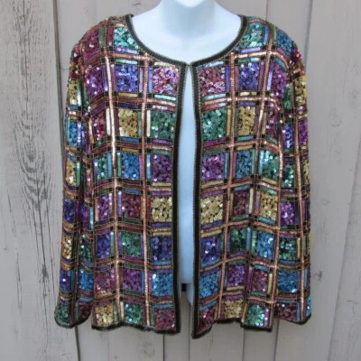 Chaqueta Laurence Kazar Plus 2X Lentejuelas Multicolor 100% Seda Vintage Años 80 Foto 1 de 4