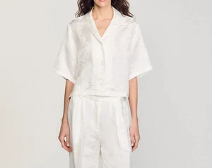 Sandro Women's White Jacquard Floral Button Cropped Loose Fit Top Shirt Size 1/S - Picture 1 of 5