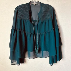 Ecote Sheer Boho Bell Sleeve Turquoise Blouse Sz S B-19 - Picture 1 of 5