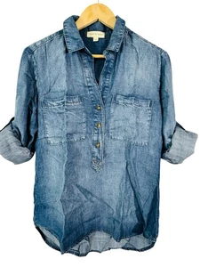 Túnica Anthro Cloth & Stone Chambray Popover Top lengüeta enrollable manga larga talla SX - Imagen 1 de 12