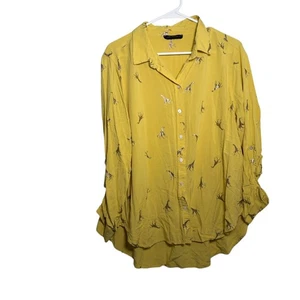 Jane & Delancey Button Up Shirt Women's XL Mustard Giraffe Metallic Top Casual - Picture 1 of 12