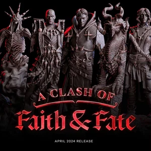 A Clash of Faith & Fate by Flesh of Gods Mini in resina DnD stampata in 3D - Foto 1 di 58