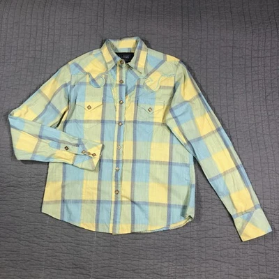 Camisa ocidental clássica vintage feminina média amarela azul xadrez pérola encaixe vaqueira - Imagem 1 de 4