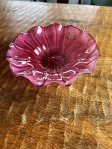 Rossi signierte Kunstglas Cranberry gekräuselte Blasen Schale signiert rosa mattiert - Bild 1 von 5