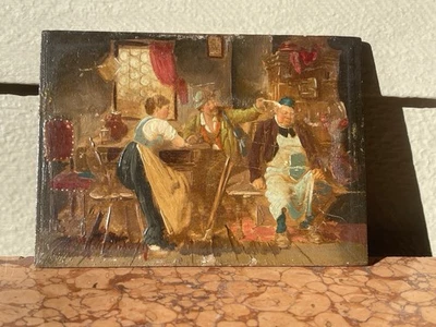Antique 19th C. Signed Oil on Wood Panel • Tavern Interior • M. J. Schimon - Image 1 of 4