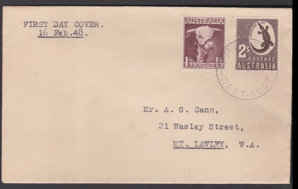 1948 Australia 2/- Bull & 1'3 Crocodile GPO PERTH FDC First Day Cover - Image 1 of 2