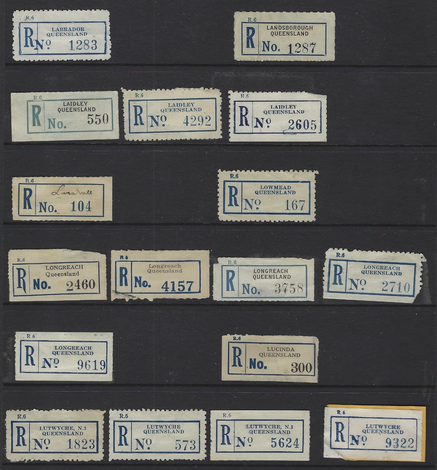 Etiquetas de registro de Australia Queensland Labrador, Laidley, Lara Mill, Longreach Foto 1 de 1