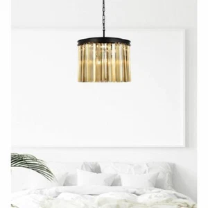 Chandelier Light Fixture Matte Black Dining Room Kitchen Golden Teak Crystal 20" - Picture 1 of 10