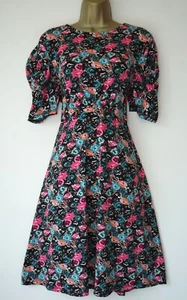 NEXT BLACK FLORAL KNOT PUFF SLEEVE SKATER TEA DRESS SIZE 18 STRETCH - Picture 1 of 3