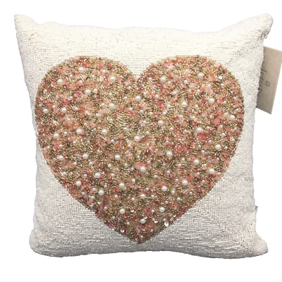 Artistic Accents Heart Beaded Faux Pearl Decor Pillow Sequins Pink Gold Love 16" - Image 1 of 4