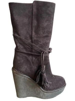 NUEVAS Botas de Cuña Yves Saint Laurent Gamuza Chocolate Piel de Oveja Plataforma Talla 6 36 Foto 1 de 4