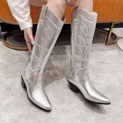 Stivaletti Stivali Tacco Morbido Texano Cowboy Argento Pelle Sintetica 43890 - Immagine 1 di 3