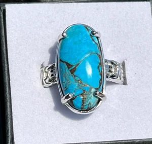 Oval Mojave Blue Turquoise Sterling Silver Ring Size 7 Stamped Cu on Band - Picture 1 of 9