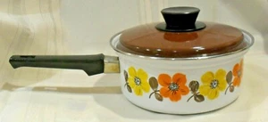 VINTAGE Österreich Email - Kochgeschirr Emaillegeschirr Kochtopf Topf Floral 8" brauner Deckel - Bild 1 von 10