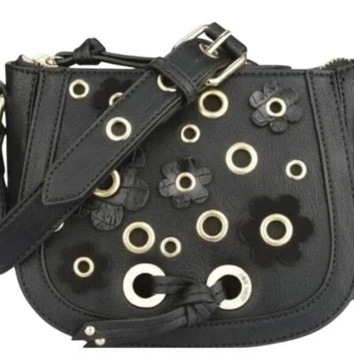 Bolso de Sillín Nine West Cuero Negro Floral “Evelina”, Detalles de Ojales Dorados, ¡NUEVO CON ETIQUETAS! Foto 1 de 4