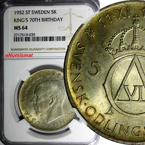 SWEDEN Silver 1952 ST 5 Kronor NGC MS64 70th Birthday Gustaf VI Adolf KM# 828(9) - Picture 1 of 4