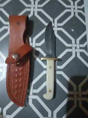 Bear and Sons Rare Damascus Baby Bone Handle Knife Made In USA with Sheath - Image 1 of 3