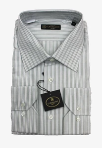Corneliani Shirt Mens 17 43 Green White Striped Button Up Dress Italy Cotton - Picture 1 of 7
