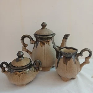 Vintage Handgefertigt Tropfglasur Teeservice Teekanne Milchkännchen Zuckerdose Erdgeschirr Elegant - Bild 1 von 16