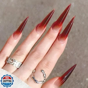SINHOT Stiletto Prensado en Uñas Extra Largas Uñas Falsas Rojo Gradiente Acrílico Nai - Imagen 1 de 5