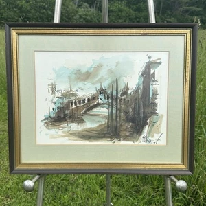 VTG Signed Original Watercolor Painting Ponte di Rialto Bridge Venice Italy - Picture 1 of 17