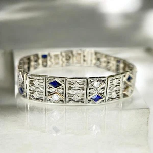 Art Deco 14k White Gold Natural Round Diamond Blue Sapphire Filigree Bracelet - Picture 1 of 8