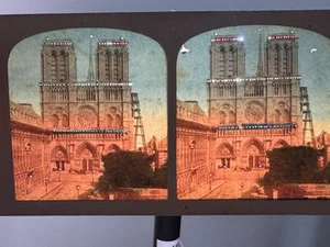 Notre-Dame de Paris Illuminated Tissue Stereoview, Rare Pinprick Lighting Tinted - Picture 1 of 7