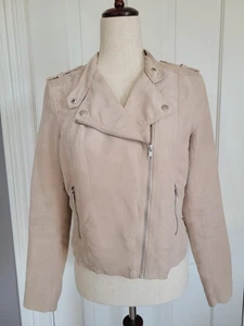 H&M Light Beige Faux Suede Cropped Short Open Front Moto Jacket Womens Size 8 - Picture 1 of 23