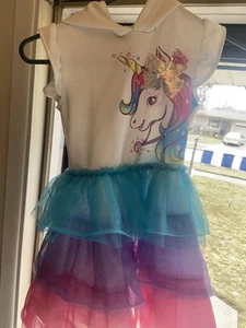 Cute Girls Unicorn Rainbow Dress Size 6/ 6x ( with hoodie ) - Picture 1 of 5