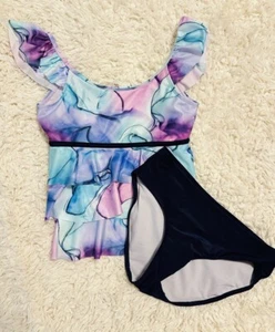 JUSTICE SURF GIRL'S Navy Purple Swirl TANKINI 2 PIECE/SIZE Lg 12/14 NEW - Picture 1 of 5