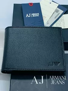 ARMANI JEANS MENS DESIGNER BLACK GENUINE LEATHER BIFOLD WALLET 06V2F COIN POCKET - Picture 1 of 11