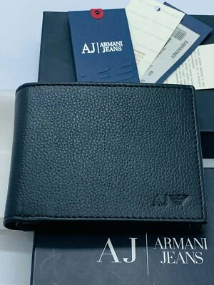 ARMANI JEANS MENS DESIGNER BLACK GENUINE LEATHER BIFOLD WALLET 06V2F COIN POCKET - Image 1 of 4