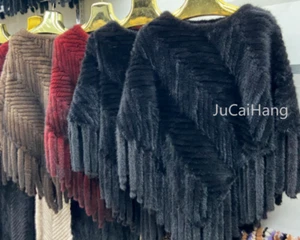 Handarbeit gestrickt Echt Nerz Pelz Schal Cape gestreift Mantel mit Quaste - Bild 1 von 10