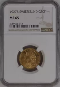 SWITZERLAND , GOLD 20 FRANCS 1927 B - NGC MS 65 ,  RARE - Picture 1 of 2