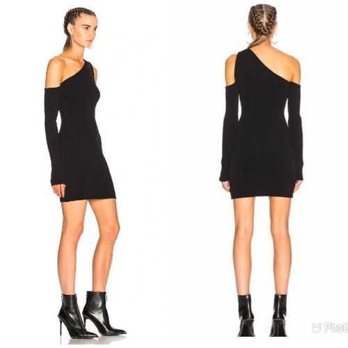 Mini abito Amiri monospalla taglio maglia nero taglia 2 bodycon costine maniche lunghe