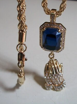 MEN'S GOLD FINISH BLUE, CLEAR STONE PRAYING HAND FASHION HIP HOP CHAIN & CHARM - Image 1 of 4