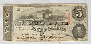 CW Confederate States1863 uncirculated $5.00 bill / note  Oveprint in Red X canc - Picture 1 of 2