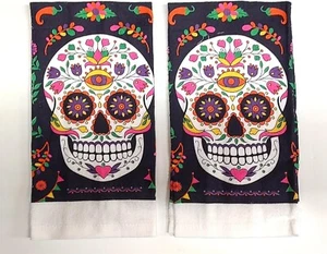 Day-of-the-Dead Sugar Skull 2Pack Hand Towels Halloween Bathroom Kitchen Decor - Picture 1 of 2
