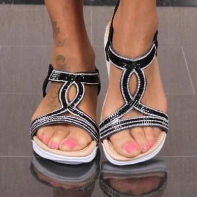 Flache Damen Sandalen atmungsaktiv mit Strass Schwarz #TS-38 - Bild 1 von 4