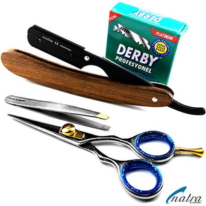 3 Men's Care Set Beard Scissors Shaver Blades Tweezers NATRA